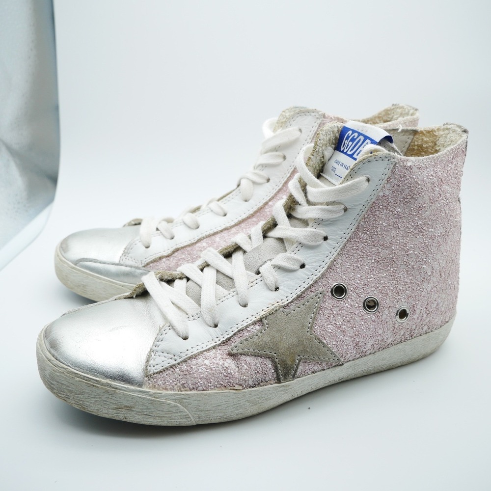Golden Goose Francy Pink Glitter Silver Leather High Top Sneakers IT 36‎ US 6